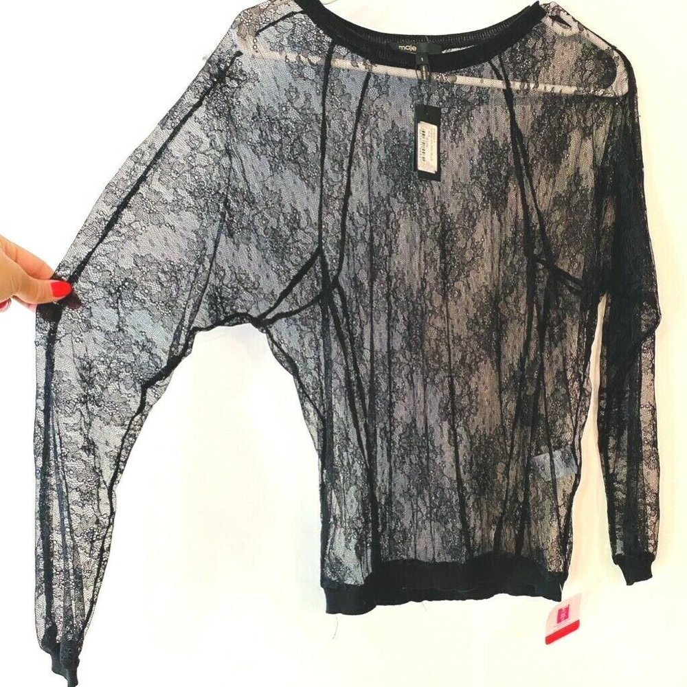 Maje Womens Lace Sweatshirt Blouse Top Black Sheer